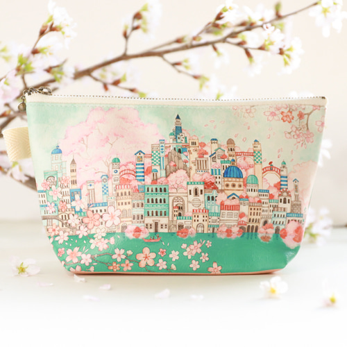 【そら】ポーチ　ハンドメイド ポーチ「古の桜と青い都」《空想街雑貨店》 ポーチ 空想街雑貨店 通販