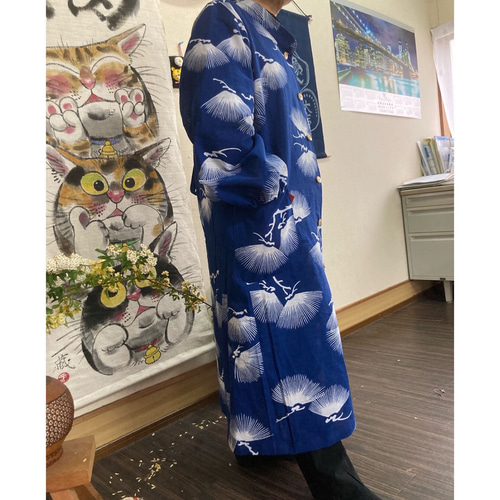 261　手染め大輔　着物リメイク　辻ヶ花　膨れ織　ワンピース　L〜フリーサイズ 261 手染め大輔 着物リメイク 辻ヶ花 膨れ織 ワンピース L