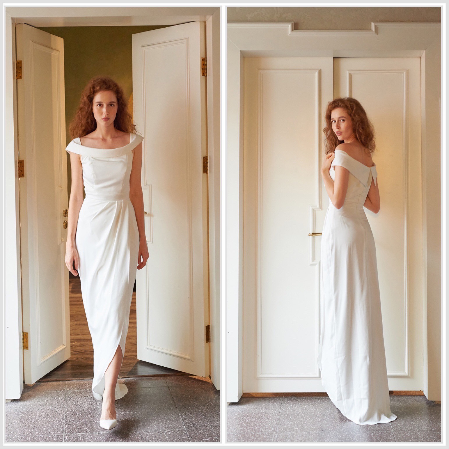 シンプル　サテンマーメイドウエディングドレス