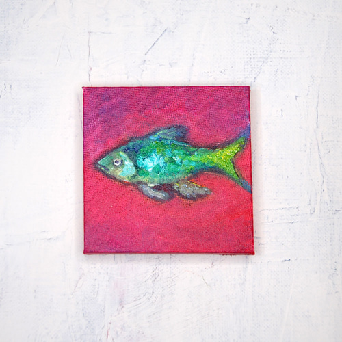 ビビットなお魚」キャンバス画 原画 ましかく ミニ絵画 絵画 油絵 絵画