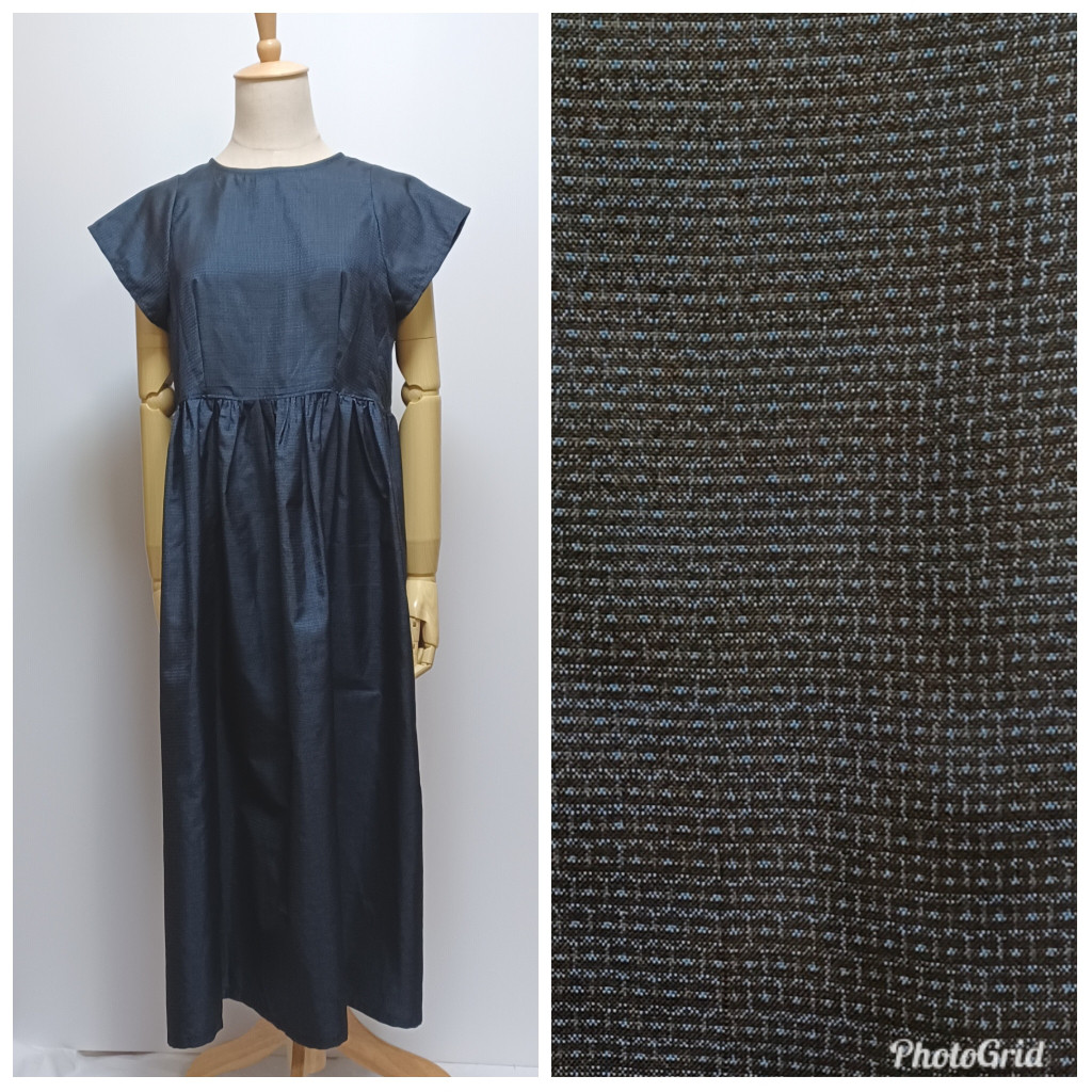 着物リメイク　大島　M　半袖　ウエスト切り替えワンピース　濃紺