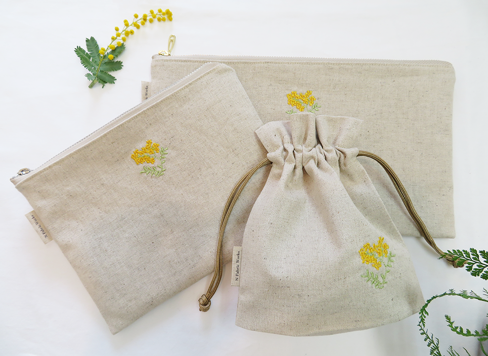 ハンドメイド❃︎巾着袋セット ミモザドット&カゴプリント