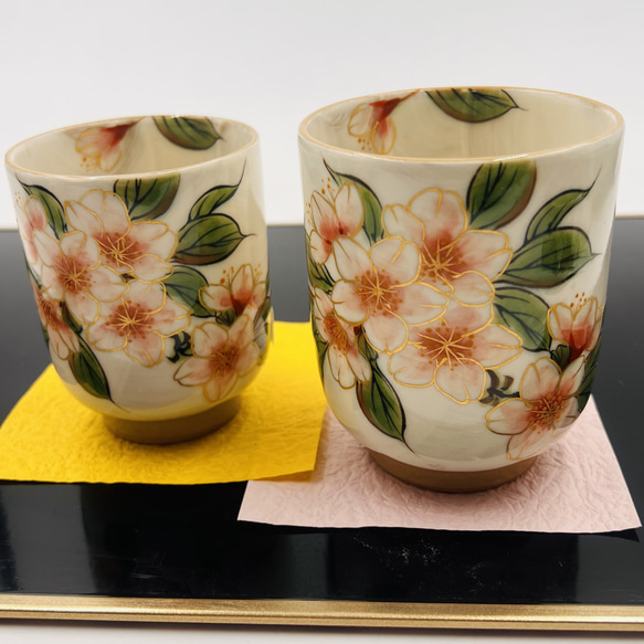 京焼、陶葊の手描き湯呑み2個セット 突き放す