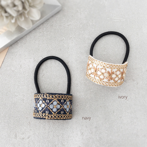 再販》183 インド刺繍リボンのカーブヘアゴム ❤︎ポニーフックに変更