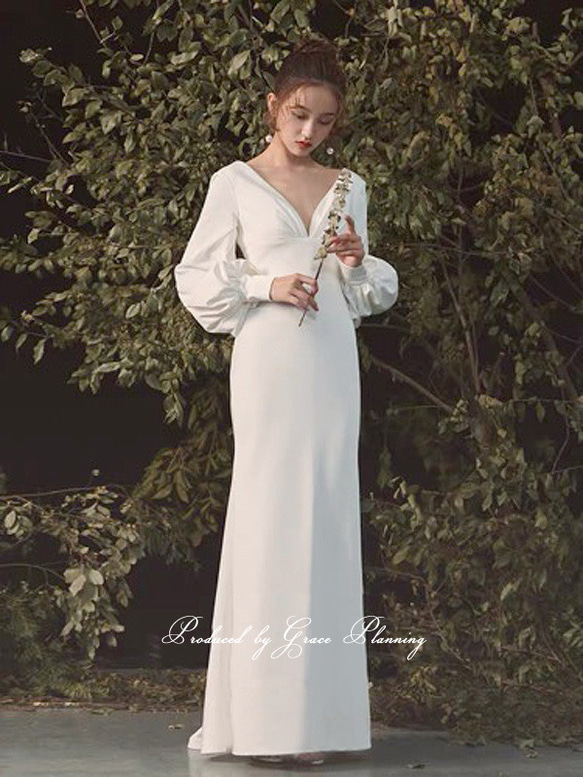 選べるVネック 袖付きウエディングドレス ウェディングドレス 長袖　 スレンダードレス gcd_8900 2枚目の画像