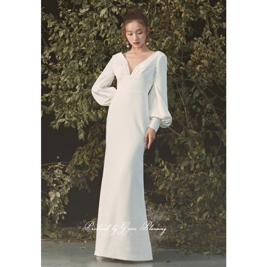 選べるVネック ウエディングドレス ウェディングドレス 長袖 シンプル スレンダードレス gcd_8900
