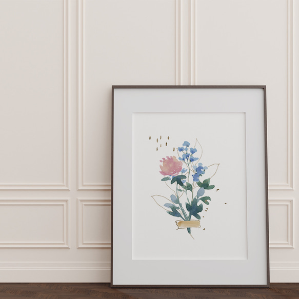花と抽象画のポスター　/ i1303 / ピンクや青の水彩と線の花　大人可愛いフラワーポスター 4枚目の画像