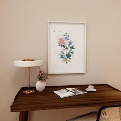 花と抽象画のポスター　/ i1303 / ピンクや青の水彩と線の花　大人可愛いフラワーポスター 1枚目の画像