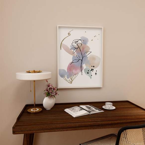 花と抽象画のポスター　/ i1301 / ピンクや青の水彩と線の花　大人可愛いフラワーポスター 2枚目の画像