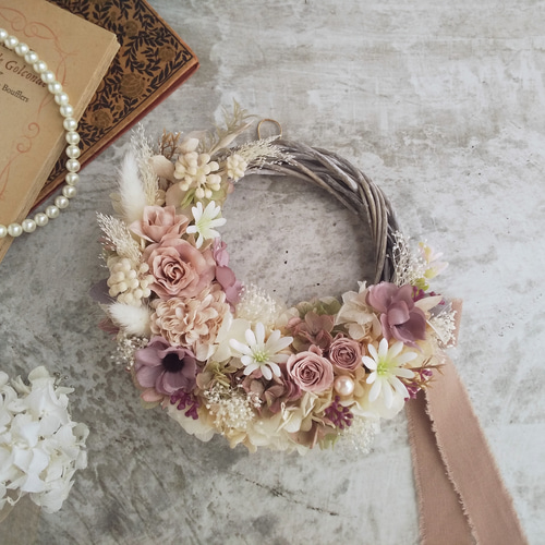 フラワーリース 春 母の日 お花 プレゼント アンティーク パープル ローズ フラワーリース 春 母の日 お花 プレゼント アンティーク