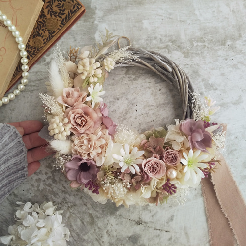 フラワーリース 春 母の日 お花 プレゼント アンティーク パープル ローズ フラワーリース 春 母の日 お花 プレゼント アンティーク パープル