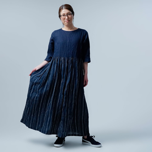 wafu】数量限定 お試し品 ! リネンワンピース バイカラー ドレス / 留 