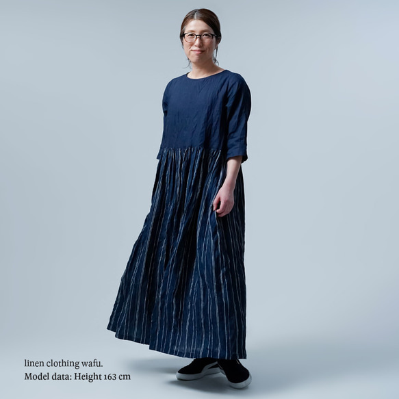 [wafu] 限量試穿！亞麻連體衣雙色連衣裙/深藍x條紋圖案a022h-tmk1 第5張的照片