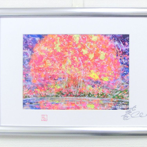 彩原画 「桜咲く」A4 純金箔 純銀箔 額サイズ 46×34㎝ パワー