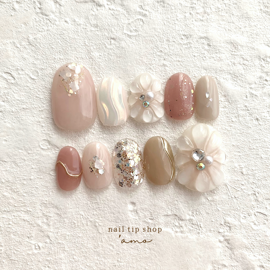 スカルプチュアチップ♡幻想ラメホロフラワーネイル❀ スカルプチュアチップ♡幻想ラメホロフラワーネイル❀