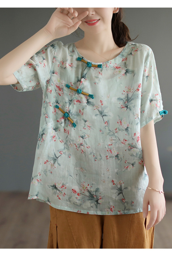 麻100% 半袖 tシャツ 夏服 レトロ 花柄上着 シャツブラウス レディース チャイナ風 Vネック 斜めボタン 綿麻 9枚目の画像