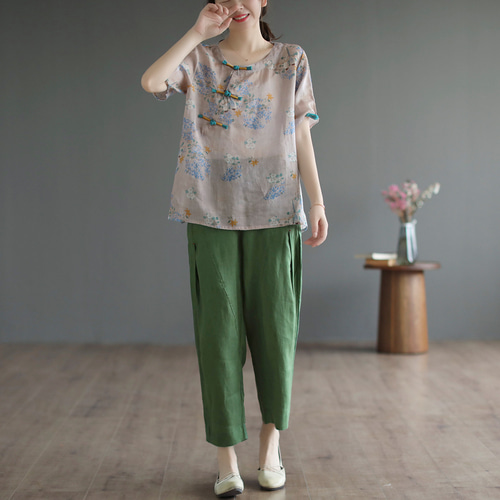 麻100% 半袖 tシャツ 夏服 レトロ 花柄上着 シャツブラウス
