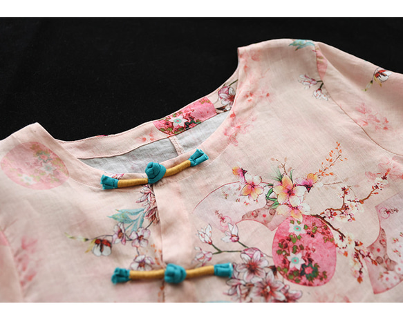麻100% 半袖 tシャツ 夏服 レトロ 花柄上着 シャツブラウス レディース チャイナ風 Vネック 斜めボタン 綿麻 16枚目の画像