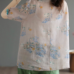 麻100% 半袖 tシャツ 夏服 レトロ 花柄上着 シャツブラウス レディース チャイナ風 Vネック 斜めボタン 綿麻 15枚目の画像