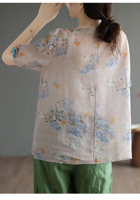麻100% 半袖 tシャツ 夏服 レトロ 花柄上着 シャツブラウス レディース チャイナ風 Vネック 斜めボタン 綿麻 15枚目の画像