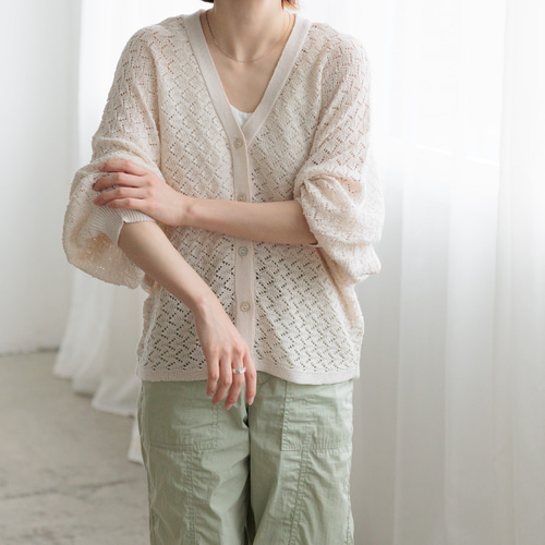 mina perhonen カーディガン ウール麻混 透かし編み ドット レース