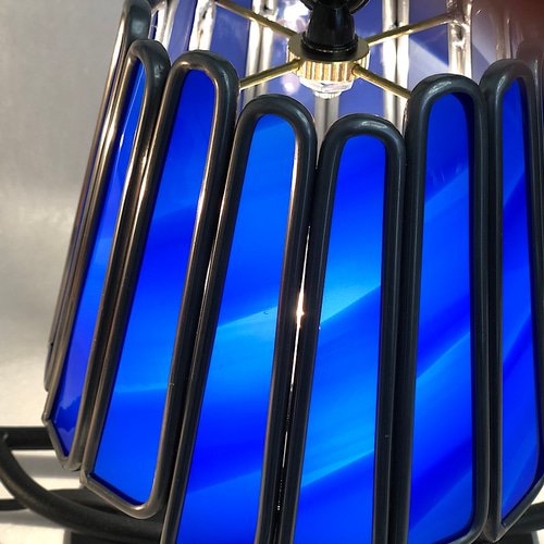 ステンドグラスランプシェード（アンティークリブドブルー） スタンド