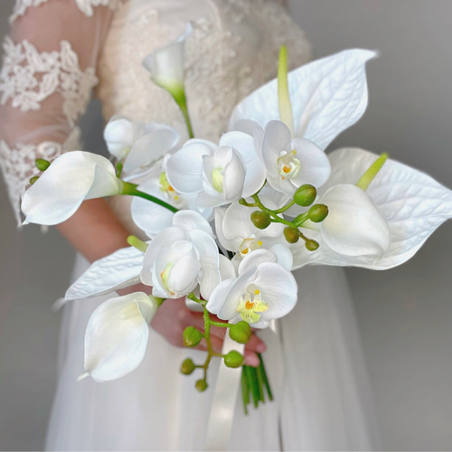 ウエディングブーケ 造花 人気 春 白 胡蝶蘭 おしゃれ アンスリウム