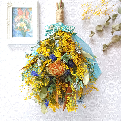 ドライフラワースワッグフライングリースブーケプロテアミモザ