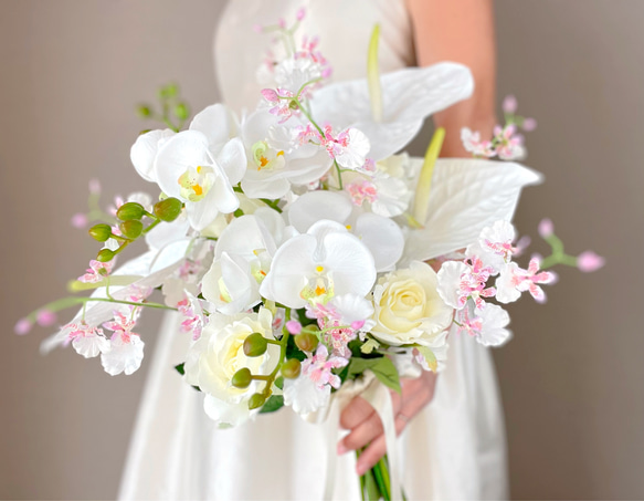 ウエディングブーケ 造花 春 白 オンシジウム bouquet おしゃれ きれいめ ブートニア 送料無料 5枚目の画像