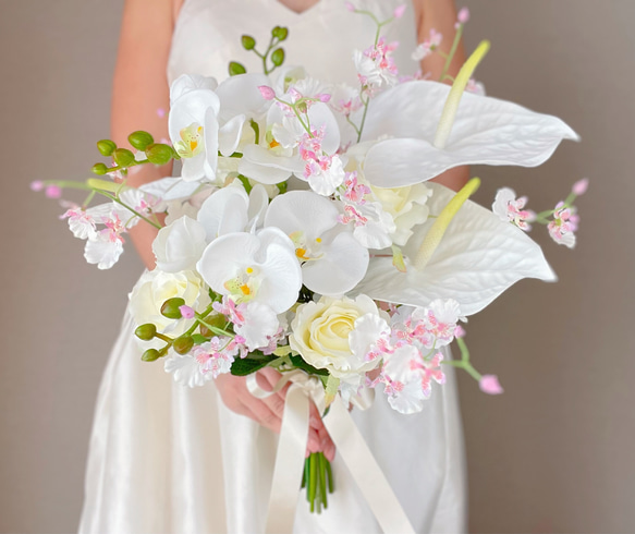 ウエディングブーケ 造花 春 白 オンシジウム bouquet おしゃれ きれいめ ブートニア 送料無料 2枚目の画像