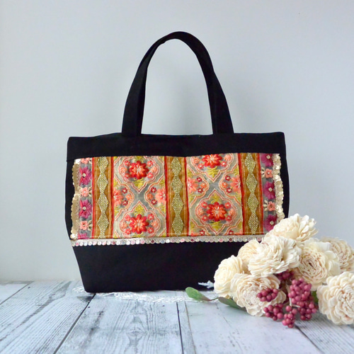 オレンジカラーインド刺繍リボン夏のトートバッグ【Mサイズ】 トート