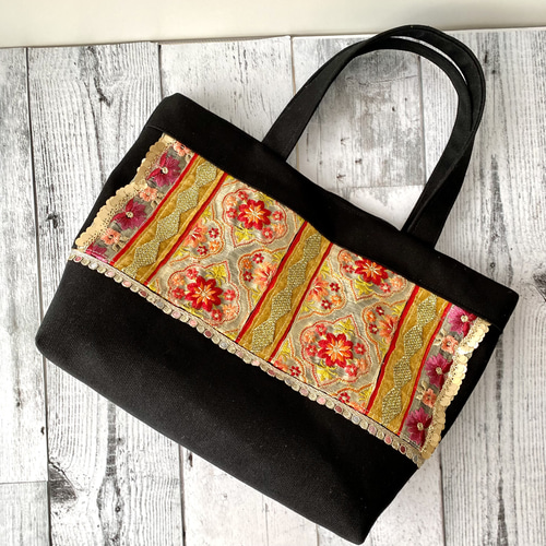 オレンジカラーインド刺繍リボン夏のトートバッグ【Mサイズ】 トート