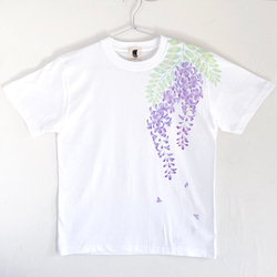 手描き藤の花柄Tシャツ ホワイト　手描きで描いた藤の花柄Tシャツ 9枚目の画像