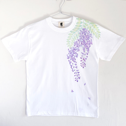 手描き藤の花柄Tシャツ ホワイト 手描きで描いた藤の花柄Tシャツ T