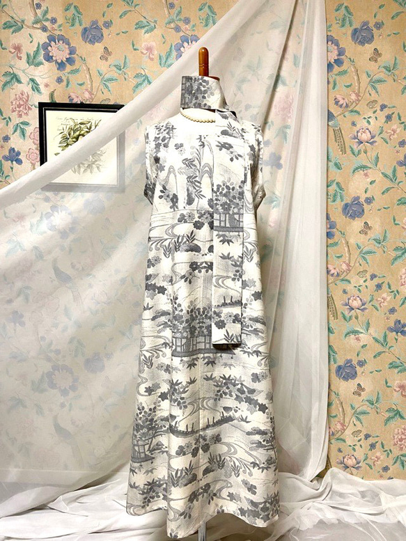 白紬 流水模様 Aラインワンピース&リボンベルト 着物リメイク