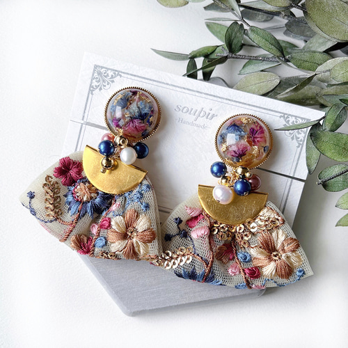 大ぶりチュールインド刺繍リボンタッセルイヤリング/ピアス