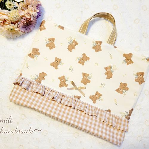 ハンドメイドオーダーくまランチョンマット巾着袋レッスンバック