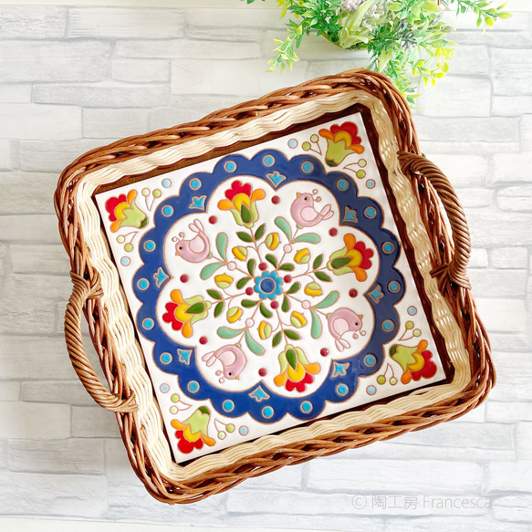 西班牙瓷磚方形籃子托盤“Doily Flowers Wine” 第5張的照片