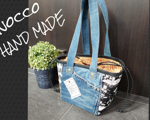 ★モコモコ★様 ハンドメイドバッグ デニムリメイクバッグ リメイクデニム カゴ No.194【DENIM✖️カゴバッグ✨】デニムリメイク巾着ピクニック