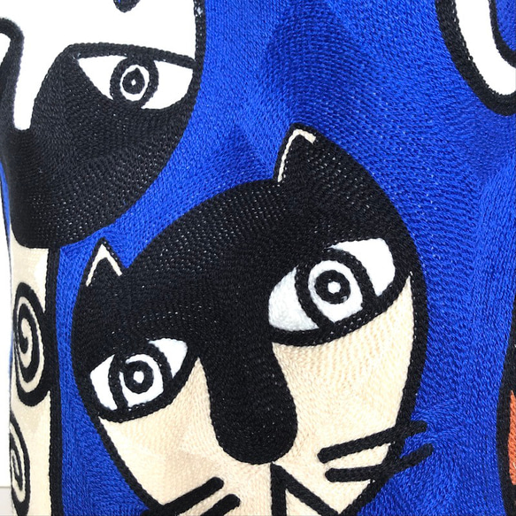 大きなトート　刺繍月夜の猫　青　受注製作 4枚目の画像