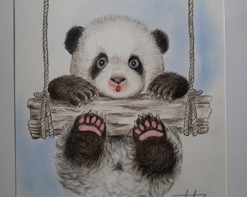 “やっほい” 色鉛筆画 パステル パンダ やっほい” 色鉛筆画 パステル パンダ