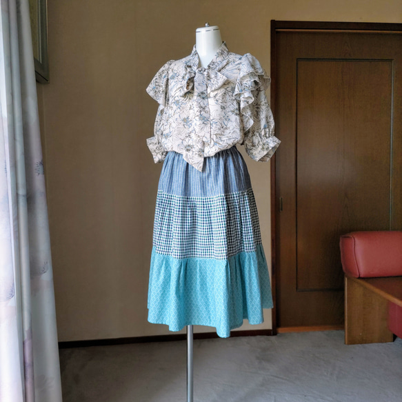 爽やかなブルー系　三段ティアードスカート 4枚目の画像