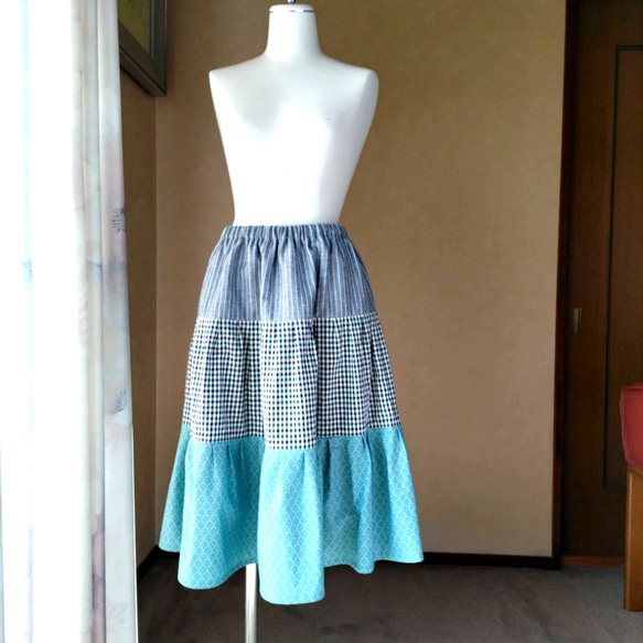 爽やかなブルー系　三段ティアードスカート 2枚目の画像