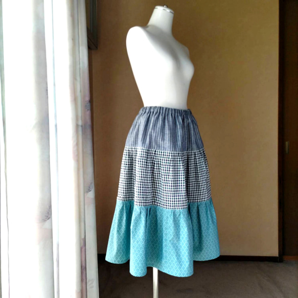 爽やかなブルー系　三段ティアードスカート 3枚目の画像