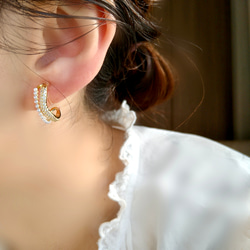 14kgp◆pearl&bijou w foop earrings パールとビジューの2連フープイヤリング　痛くない 8枚目の画像