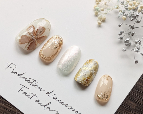 no.014淡色 ベージュ ブラウン フラワー 花 ネイルチップ 結婚式 成人式 no.014淡色 ベージュ ブラウン フラワー 花 ネイルチップ 結婚式