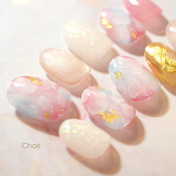 ピンク×ブルーの桜ネイル◇ネイルチップ【haru-No.5】 ネイル