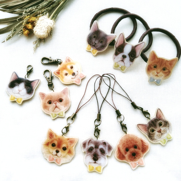 手書き寝ころぶ3子ヘアゴムブローチレジン猫うさぎ