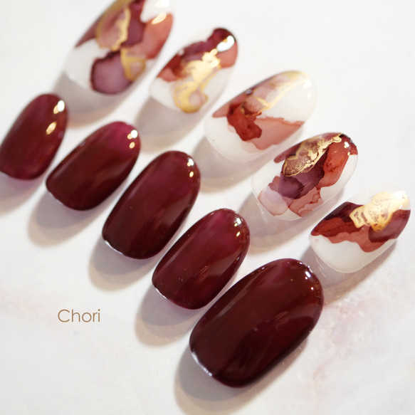 ワインレッド×ゴールドのインクネイル◇ネイルチップ【casual-No.9