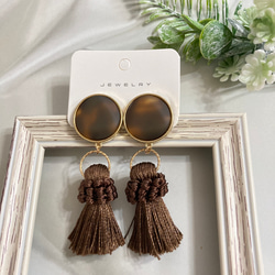 大ぶり タッセル ピアス ブラウン ヒョウ柄 アンティーク くすみカラー